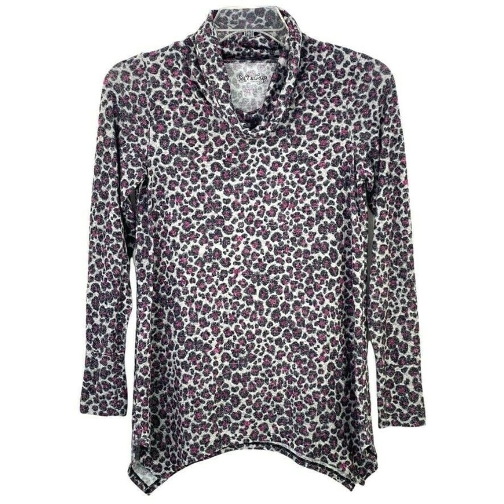 Soft & Cozy Company Leopard Top Sweater Size S Cowl Neck Long Sleeve